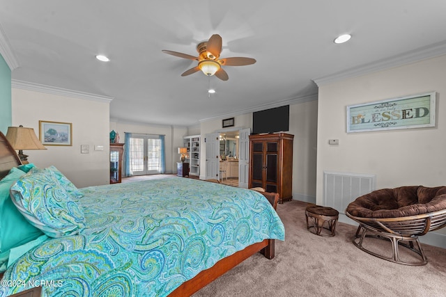 bedroom with ornamental molding, carpet floors, french doors, and visible vents