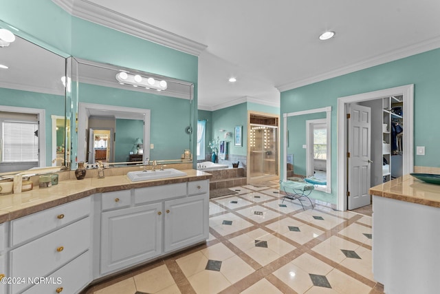 bathroom with a garden tub, ornamental molding, a stall shower, and recessed lighting