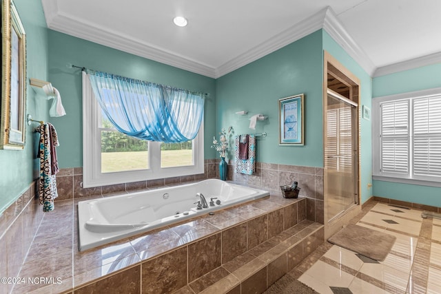 full bathroom with a garden tub, a shower stall, and ornamental molding