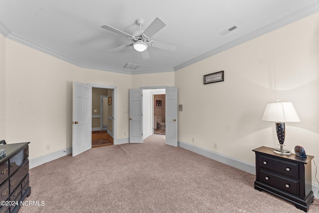 bedroom with light carpet, ornamental molding, visible vents, and baseboards