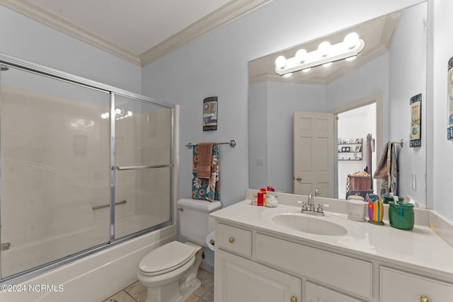 full bath with enclosed tub / shower combo, toilet, vanity, tile patterned floors, and crown molding