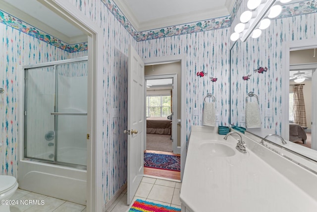 full bathroom featuring ornamental molding, tile patterned floors, ensuite bath, and wallpapered walls