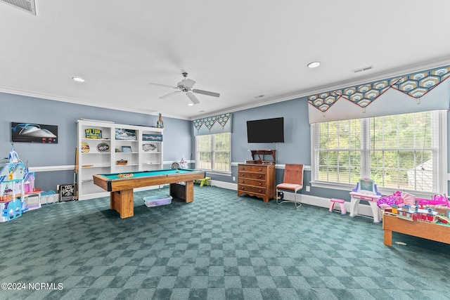 playroom featuring carpet, visible vents, and crown molding