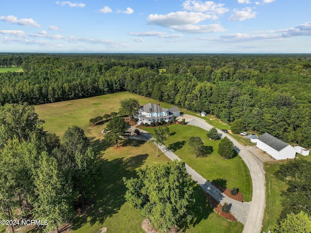 bird's eye view with a wooded view