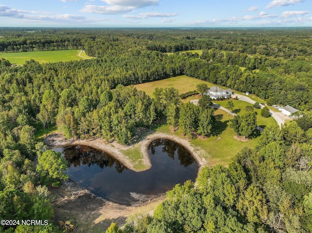 bird's eye view featuring a water view and a wooded view