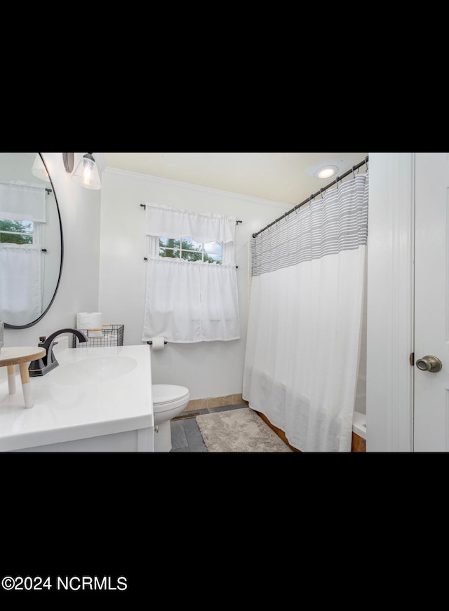 bathroom with walk in shower, vanity, crown molding, and toilet