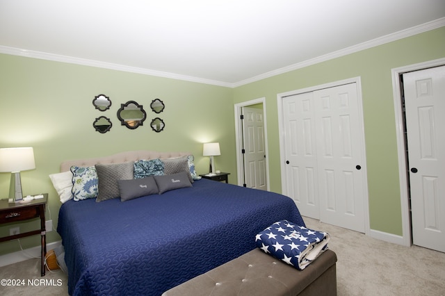 carpeted bedroom with crown molding, baseboards, and a closet