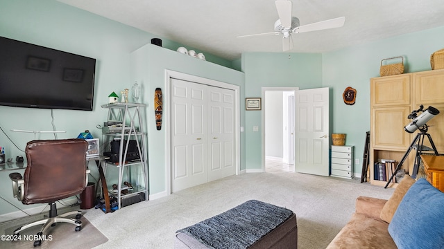 interior space with ceiling fan