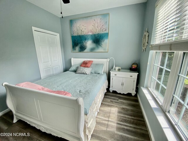 bedroom with ceiling fan and dark hardwood / wood-style flooring