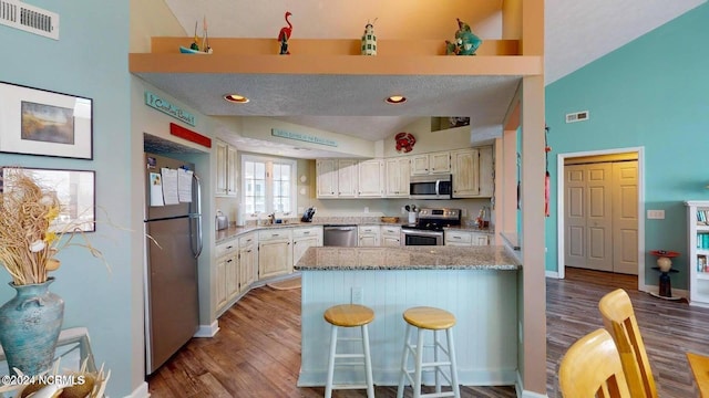 1514 Carolina Beach Ave N Unit 1 & 2, Carolina Beach, NC 28428 - kitchen featuring appliances with stainless steel finishes, a peninsula, high vaulted ceiling, wood finished floors, and light stone counters