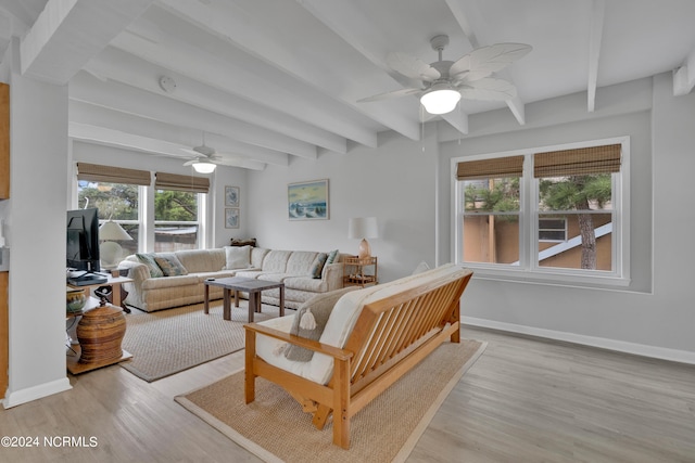 living room with ceiling fan, beamed ceiling, and light hardwood / wood-style flooring