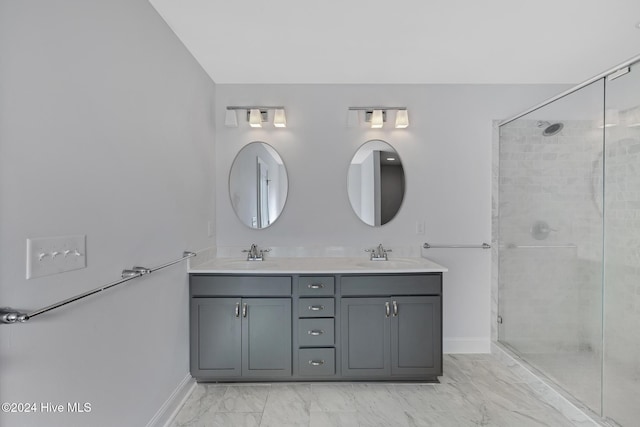 114 Castaway Cv, Cedar Point, NC 28584 - full bath featuring baseboards, double vanity, a shower stall, and marble look tiles