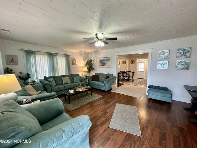 1118 W Main St, Belhaven, NC 27810 - living room featuring a ceiling fan, crown molding, and dark wood-style floors