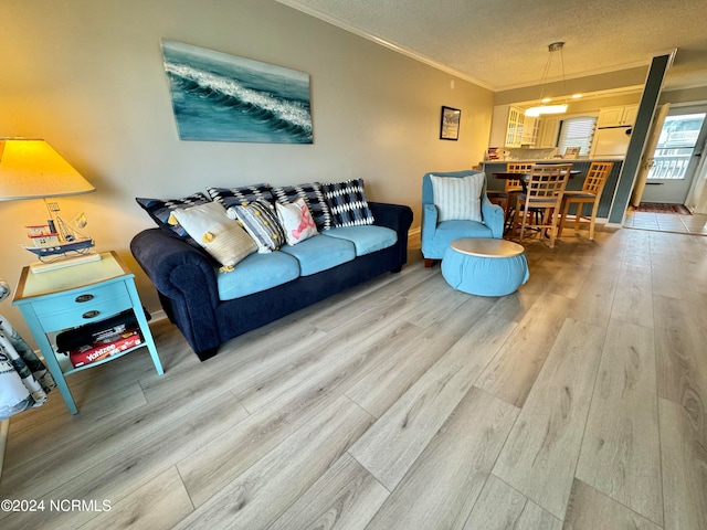 living room with ornamental molding, a textured ceiling, and hardwood / wood-style floors