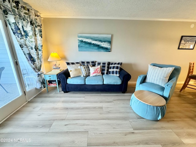 living room with crown molding, light hardwood / wood-style flooring, and a textured ceiling