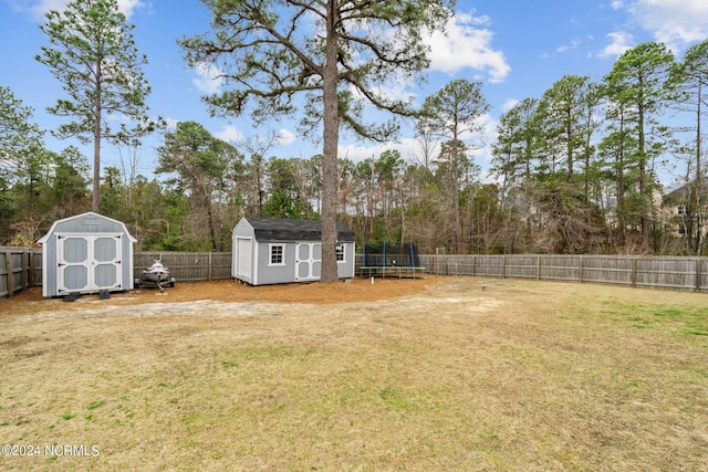 view of yard with a trampoline and a storage shed