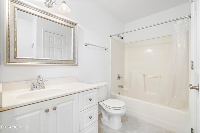 full bathroom featuring shower / bath combination with curtain, vanity, toilet, and tile patterned floors