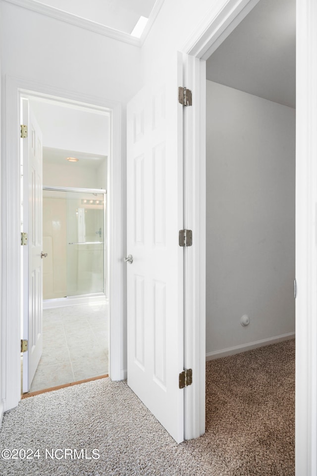 hall featuring light colored carpet and a skylight