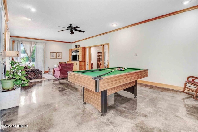 recreation room featuring pool table, ceiling fan, and crown molding