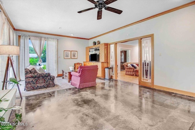 1803 Sedgefield Dr, Kinston, NC 28504 - living area featuring baseboards, crown molding, a textured ceiling, and a ceiling fan