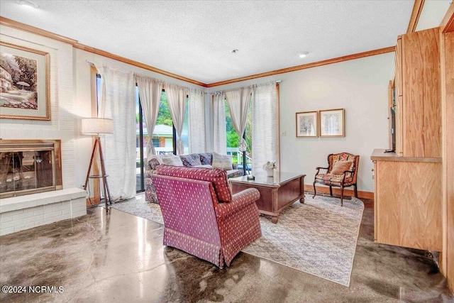 1803 Sedgefield Dr, Kinston, NC 28504 - living area featuring finished concrete flooring, a textured ceiling, crown molding, a brick fireplace, and baseboards