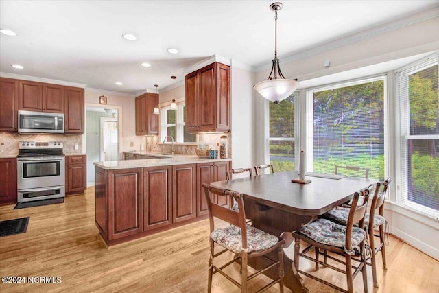 kitchen with decorative light fixtures, appliances with stainless steel finishes, light wood-type flooring, and a healthy amount of sunlight