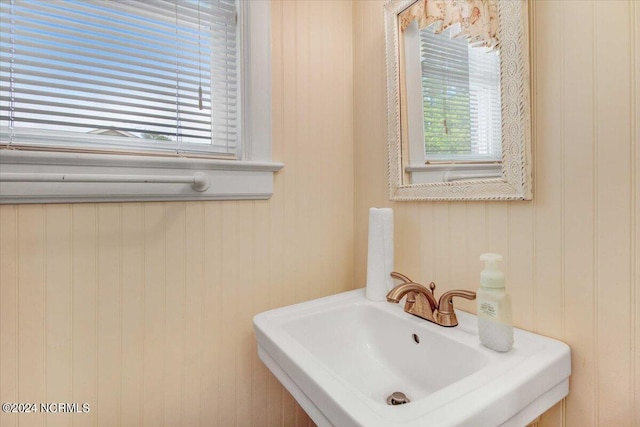 bathroom with wood walls and sink