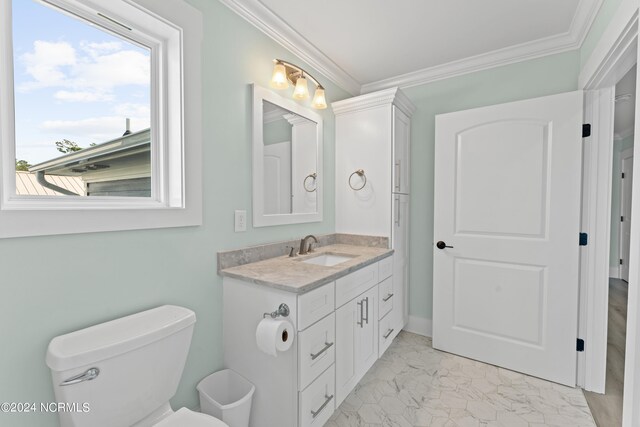 bathroom featuring vanity, toilet, and crown molding