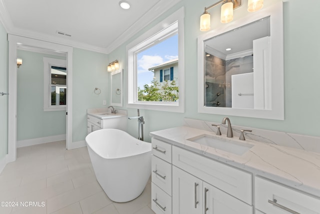 bathroom featuring vanity, crown molding, tile patterned flooring, and plus walk in shower