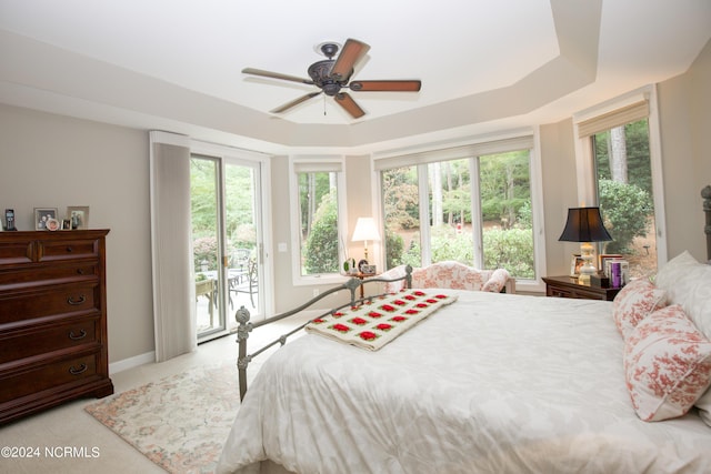 bedroom with access to exterior, multiple windows, a tray ceiling, and light colored carpet