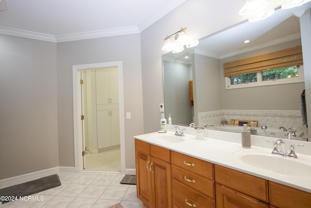 full bathroom with ornamental molding, tile patterned flooring, a sink, and double vanity