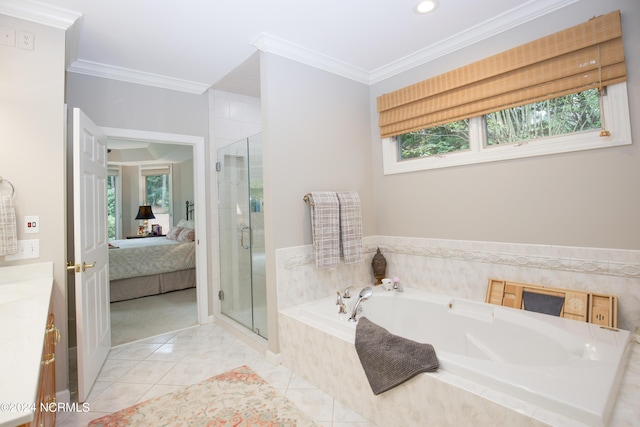 full bathroom with a garden tub, ornamental molding, a stall shower, connected bathroom, and vanity