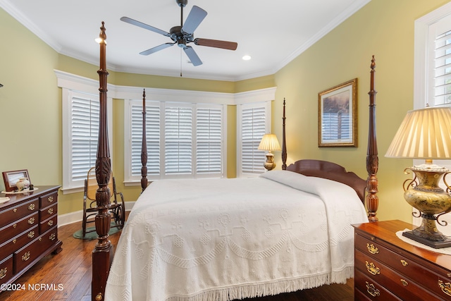 bedroom with ceiling fan, ornamental molding, dark wood-type flooring, and multiple windows