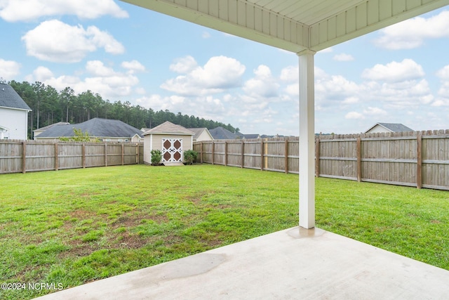 view of yard with a storage shed and a patio