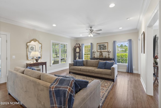 living room featuring dark wood finished floors, baseboards, and a healthy amount of sunlight