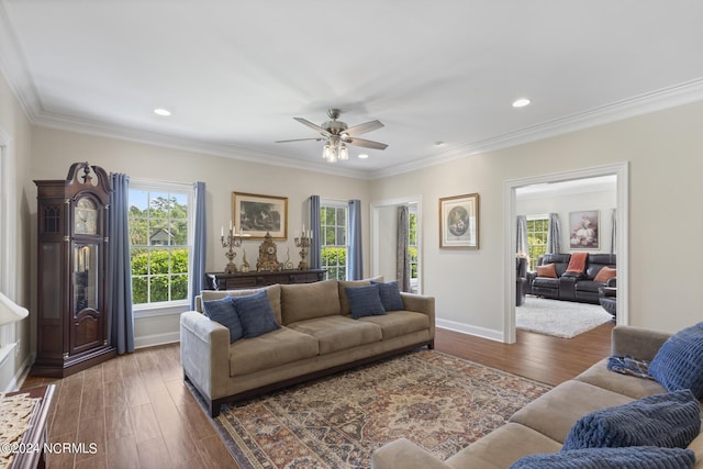 living room with ceiling fan, baseboards, crown molding, and wood finished floors
