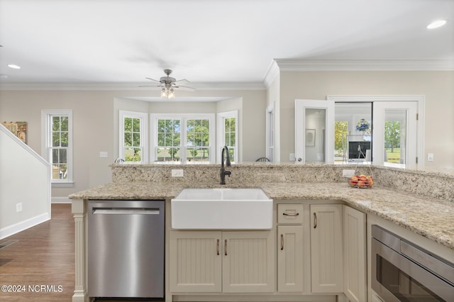 kitchen featuring light stone countertops, a ceiling fan, dark wood-style flooring, a sink, and stainless steel appliances