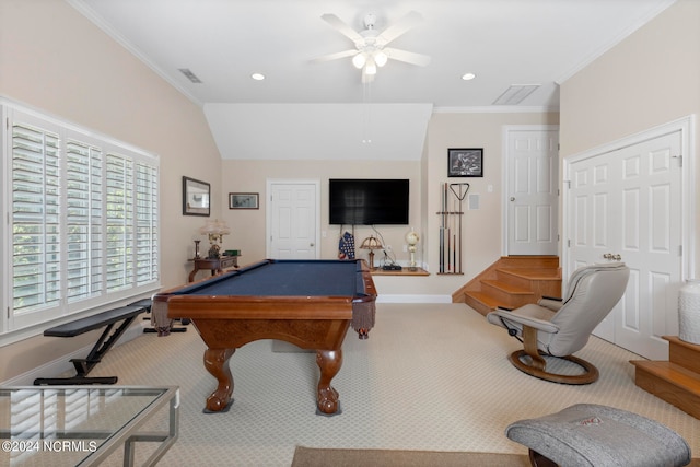 game room featuring crown molding, billiards, ceiling fan, and carpet