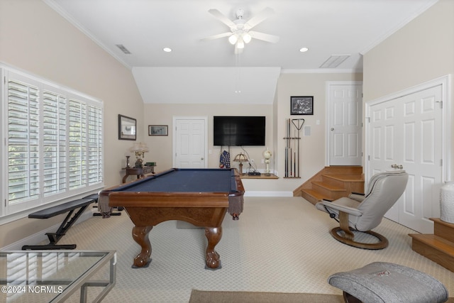 recreation room with carpet, visible vents, baseboards, and a ceiling fan