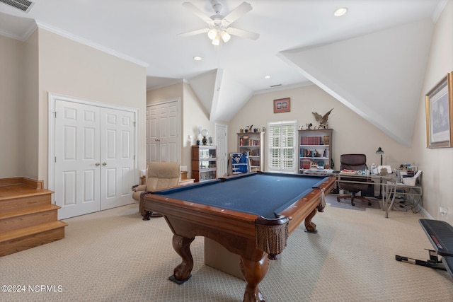 recreation room with vaulted ceiling, billiards, ornamental molding, light colored carpet, and ceiling fan