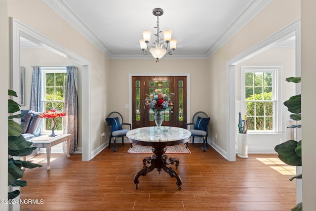 living area featuring crown molding, wood-type flooring, and plenty of natural light