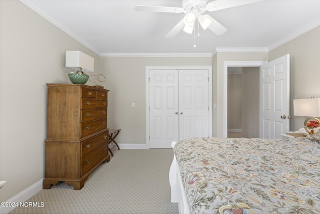 bedroom with light colored carpet, baseboards, and ornamental molding