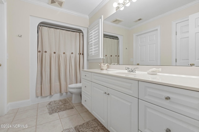 bathroom featuring walk in shower, toilet, crown molding, vanity, and tile patterned flooring