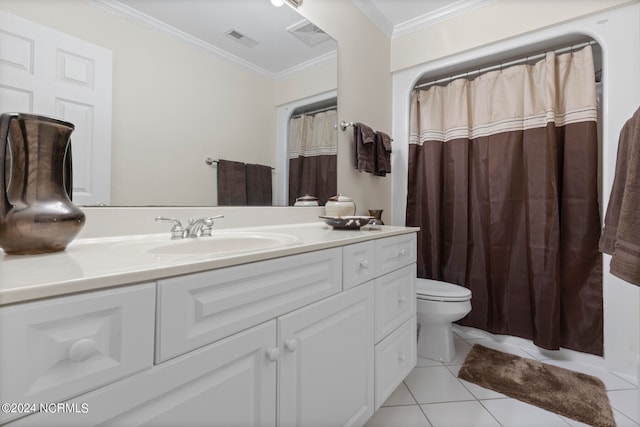 bathroom with tile patterned flooring, vanity, ornamental molding, and toilet