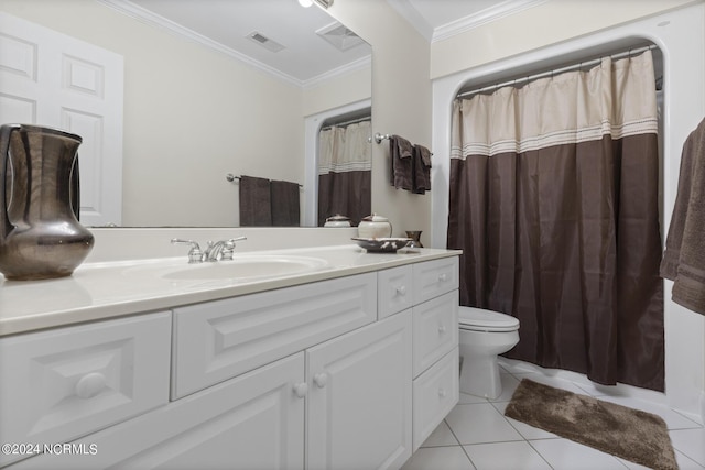bathroom featuring visible vents, ornamental molding, toilet, vanity, and tile patterned floors