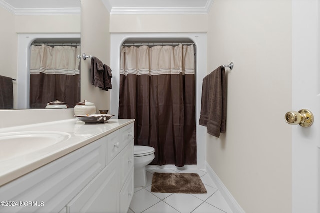 bathroom with a shower with shower curtain, vanity, ornamental molding, tile patterned floors, and toilet