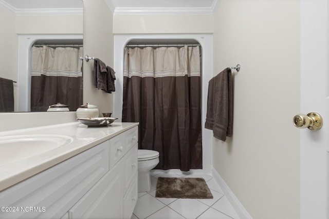 bathroom with vanity, ornamental molding, tile patterned floors, a shower with curtain, and toilet