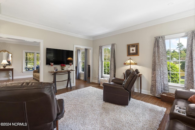 living room with ornamental molding, baseboards, and wood finished floors