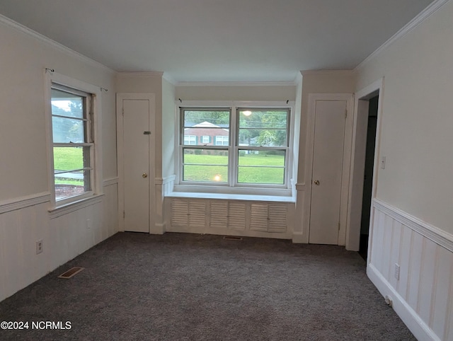 carpeted spare room with plenty of natural light and ornamental molding