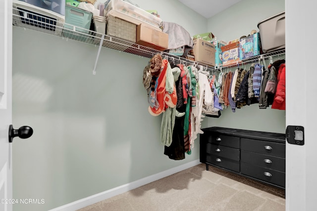 walk in closet with light colored carpet